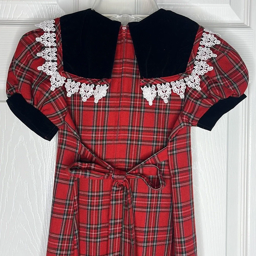 RARE EDITIONS Girls Red Plaid Short Puffy Sleeve Dress Black Velvet Collar Lace